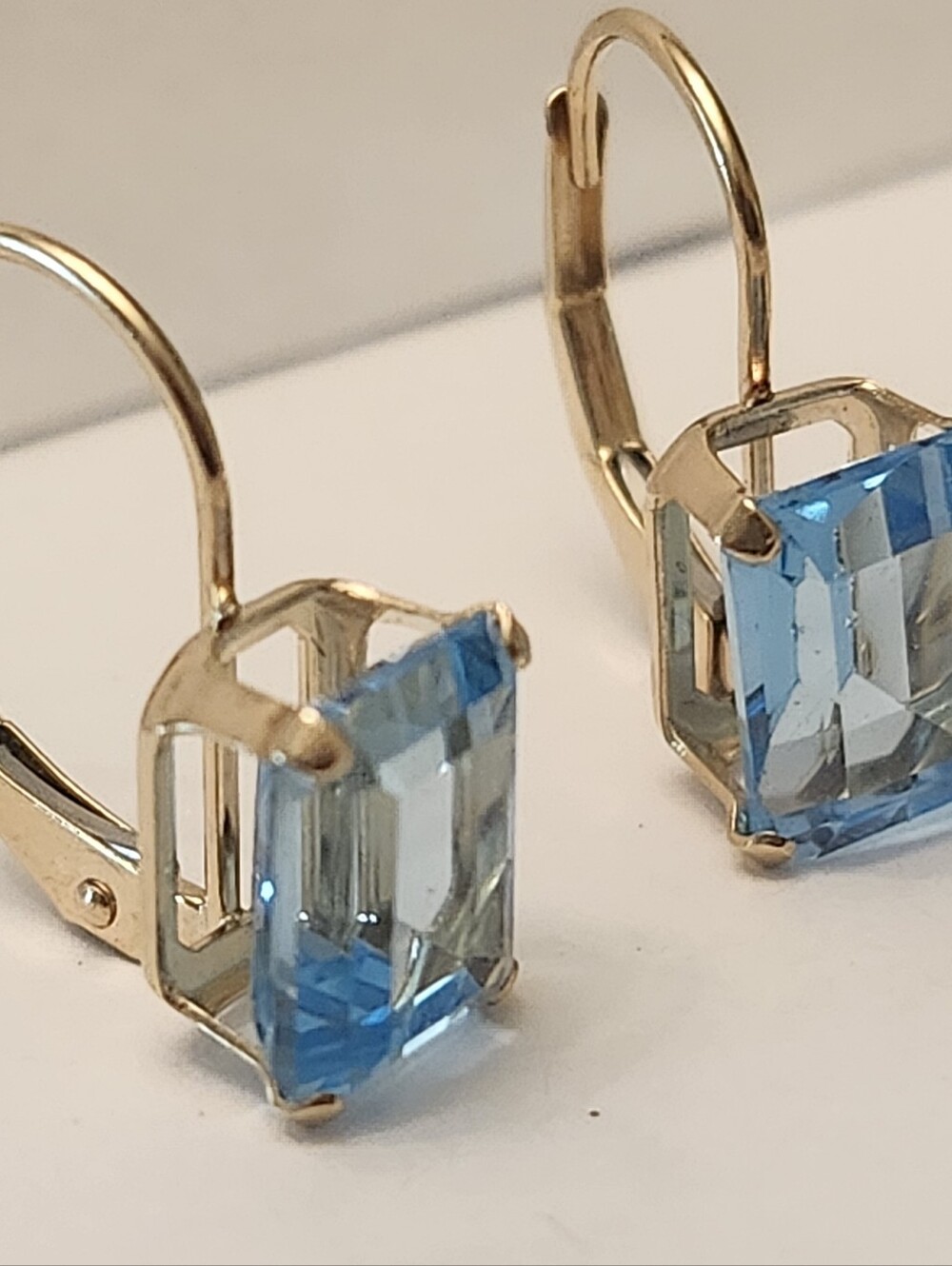 14k Yellow Gold Emerald Cut Blue Topaz Dangle Earrings 2.0CT - Picture 12 of 13